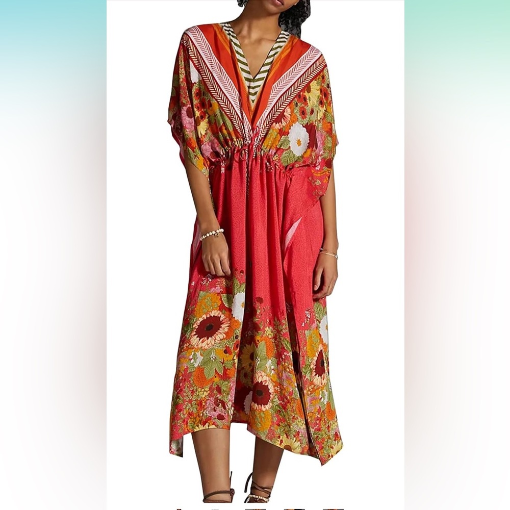 Peach Women's Bohemian Kaftan Roomy Loungewear Beach Dress Cover-ups Robe Sarong